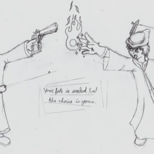 I drew this on the way back from my school's retreat in Oregon. Really, the coolest thing about it is that the two guys actually look like they have the same size and proportions. The flintlock pistol isn't that great, though.