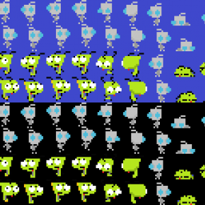 GIR from Invader Zim... on blue to show detail, and on black to show how it looks on the sprite sheet.