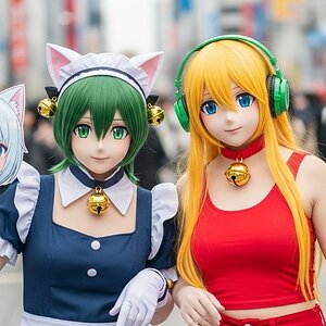 デ・ジ・キャラットとカーリーブレイスの着ぐるみ(AI写真)