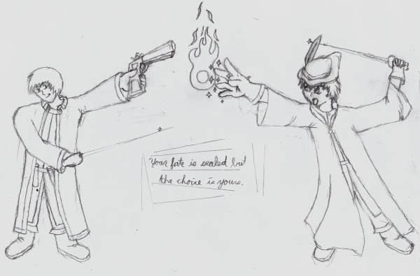 I drew this on the way back from my school's retreat in Oregon. Really, the coolest thing about it is that the two guys actually look like they have the same size and proportions. The flintlock pistol isn't that great, though.