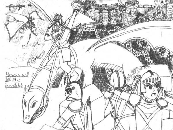 Renais will fall. It is inevitable.
This picture looks a lot more epic on paper. Due to the nature of it, I can't ink it. There's just too much in the background for me to go over it. Because it's just done in pencil, the scanner doesn't like it that muc