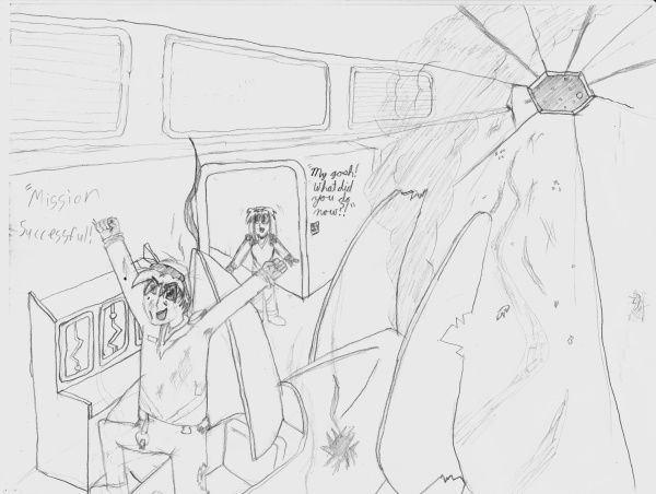 This was a lot of fun to draw! I wish I had done a better job, though. It should be pretty easy to figure out what's going on. The guy on the ship just got back from an epic battle, had the time of his life, and looks like he almost died, which gave the g